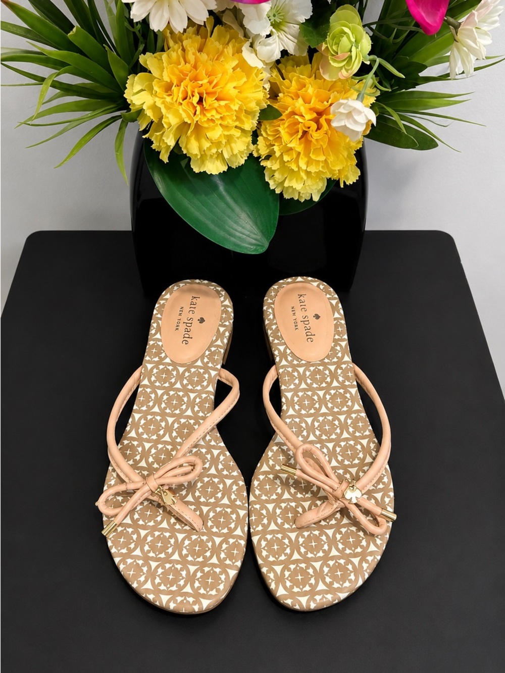 kate spade Nude Beige Patterned Bow Sandals